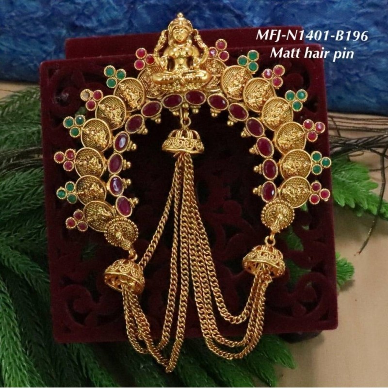 Ruby Stoned Kasu With Lakshmi And Chain 3 Jumka Design Matte Finished Hair Pin Set Buy Online