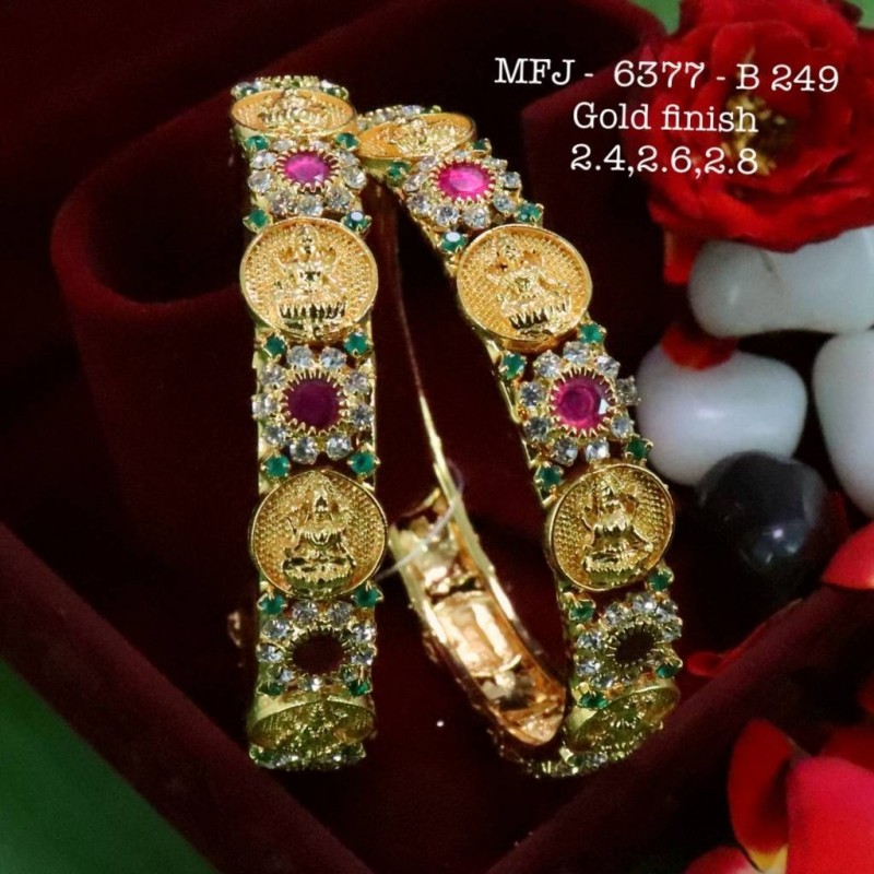 2.6 Size CZ,Ruby&Emerald Stoned Kasu Lakshmi&Flower Design Matte Plated Finish Set Bangles Buy Online
