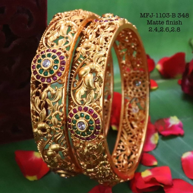 2.8 Size Ad Combo CZ,Ruby&Emerald Stoned Thilagam Design Gold Plated Finish Set Bangles Buy Online