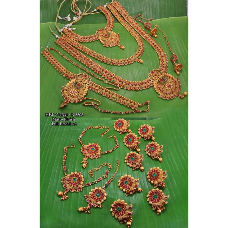 Ruby&Emerald Tones With Golden Balls Flower With Peacock Design Matte Plated Finished Full Bridal Set  Buy Online