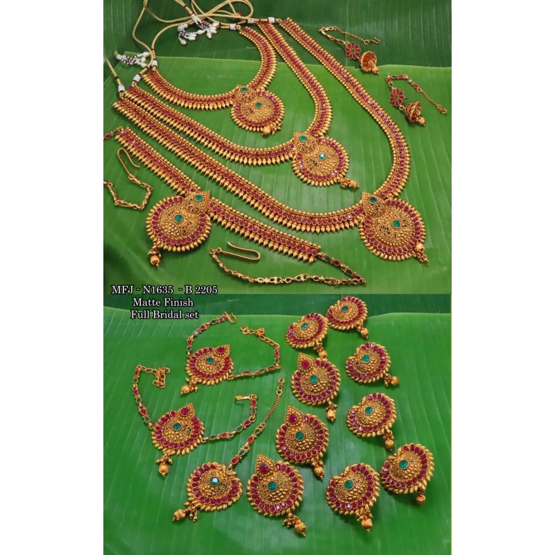 Thilagam Shap Ruby,Emerald Stone Matte Balls Chain& Flower Design Matte Finished Full(Combo) Bridal Set  Buy Online