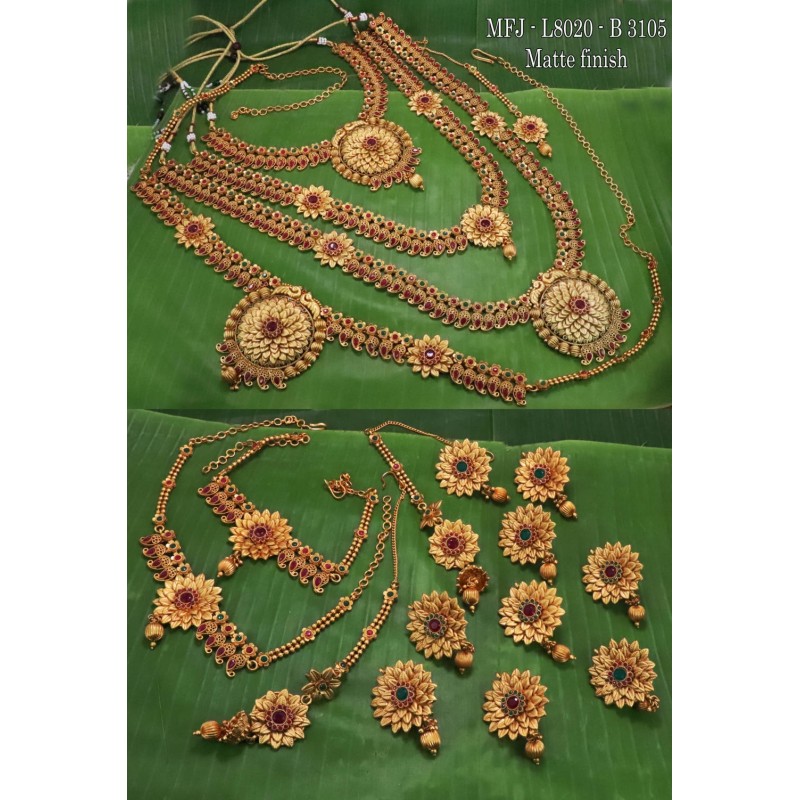 Ruby Stone With Mat Balls Flower,Mango With Peacock Design Matte Finished Full(Combo) Bridal Set  Buy Online