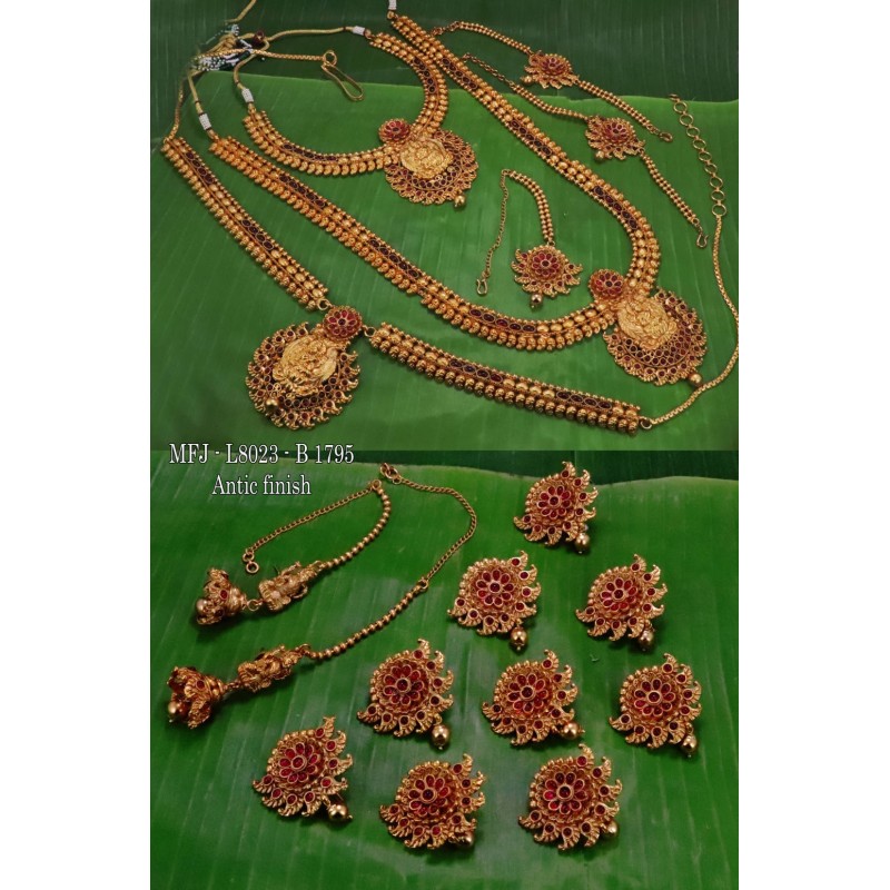 Ruby,Emerald Stone With Mat Balls Flower,Mango With Peacock Design Matte Finished Full(Combo) Bridal Set  Buy Online