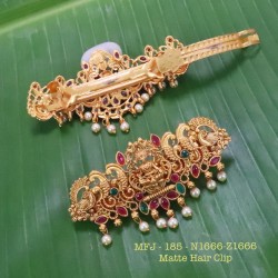 Ruby& Emerald Stones With Pearls Lakshmi With Peacock Design Mat With Gold Finish Hair Clip Buy Online