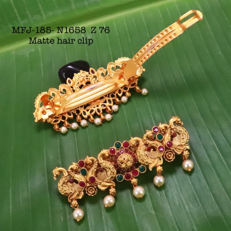 Ruby,Emerald Stones With Pearls Lakshmi With Three Peacock Design Matte Finish Hair Clip Buy Online