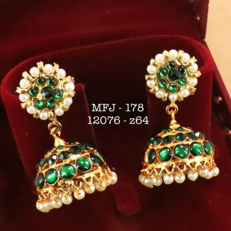 Three Layer Green Stones With Pearls Design Jumka For Bharatanatyam Dance And Temple Buy Online