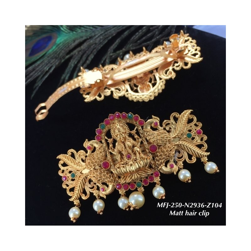 Ruby Stones With Pearls Traditional Lakshmi& Double Peacock Design Matte Finish Hair Clip Buy Online