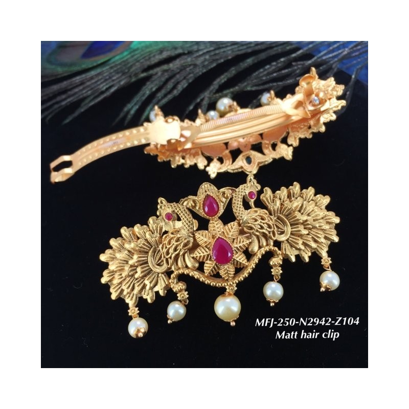 Ruby,Emerald Stones With Pearls Traditional Double Peacock&Flower Design Matte Finish Hair Clip Buy Online