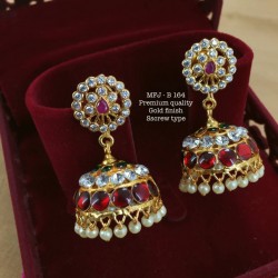 Wight,Red,Blue Stones With Pearls Two Layer Screw Type Design Gold Finished Jumka Bharatanatyam Dance And Temple Buy Online