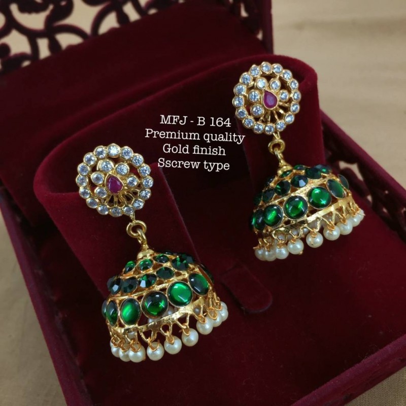 Wight,Red,Green Stones With Pearls Three Layer Screw Type Design Gold Finished Jumka Bharatanatyam Dance And Temple Buy Online