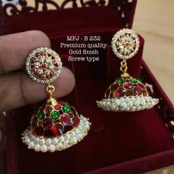 Wight,Red,Green Stones With Pearls Three Layer Screw Type Design Gold Finished Jumka Bharatanatyam Dance And Temple Buy Online