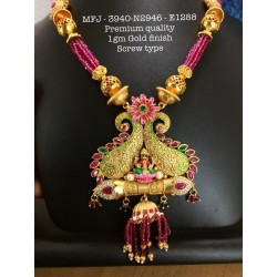 CZ,Ruby&Emerald Stones with Pearls Kasu Lakshmi&Flower,Hanging Type Design Earrings Gold Mat Finish Haram Set Buy Online