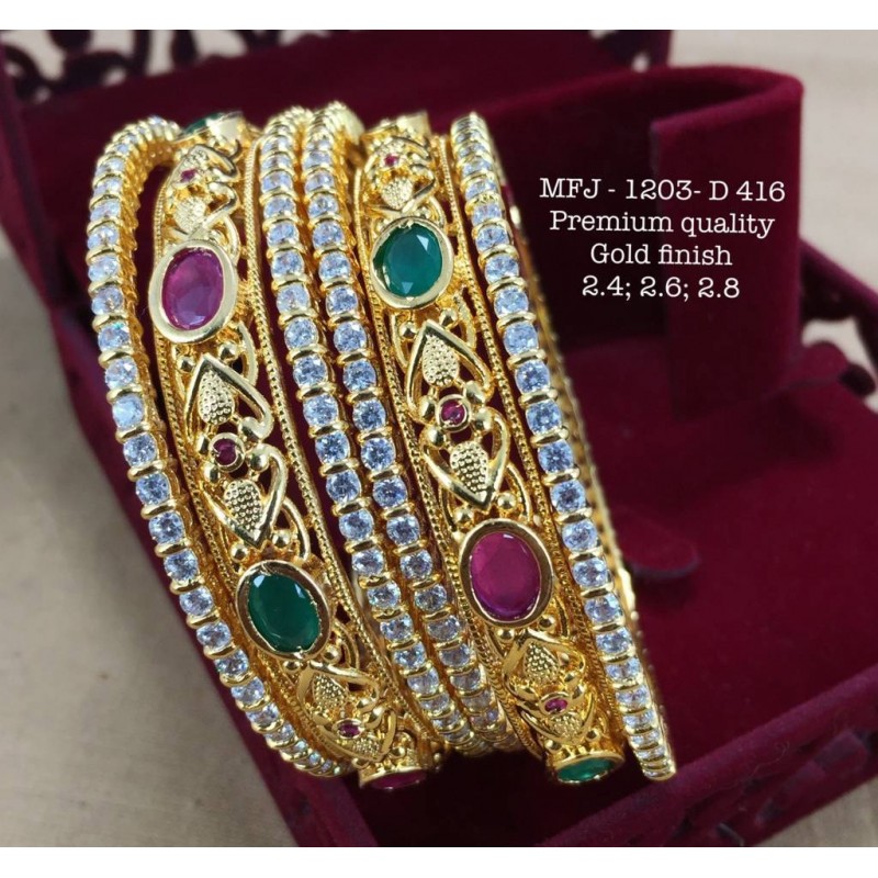 2.4 Size CZ,Ruby&Emerald Stoned Heart Shaped Peacock Design Gold Finish Set Bangles Buy Online