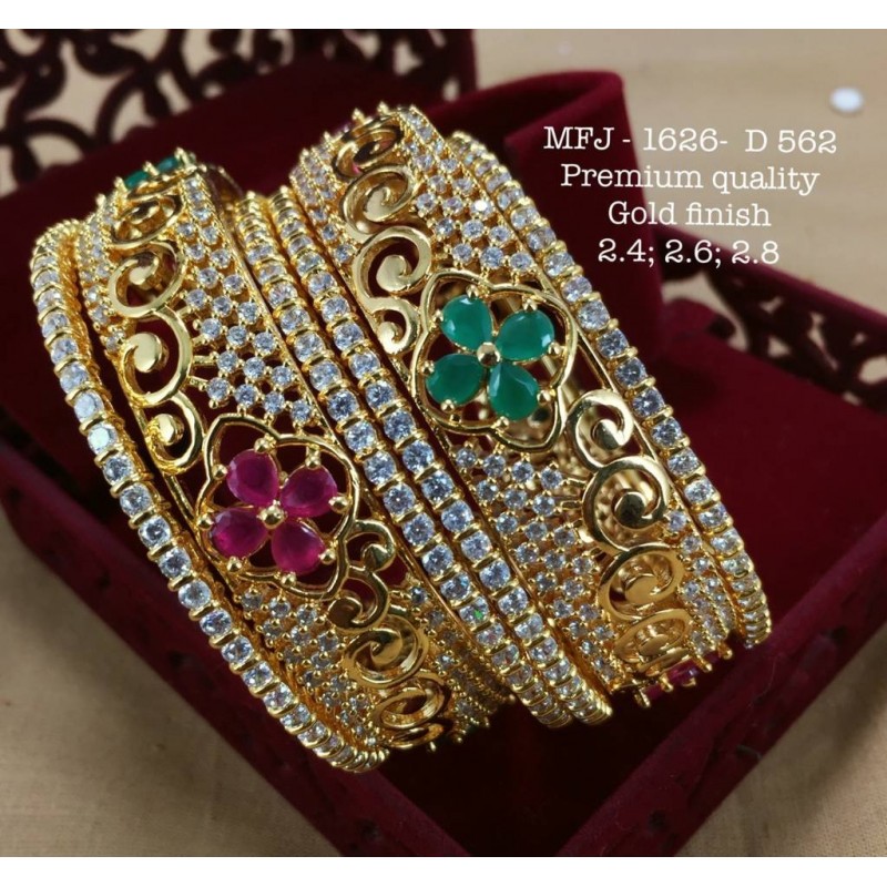 2.4 Size CZ,Ruby&Emerald Stoned Flower Design Gold Finish Set Bangles Buy Online