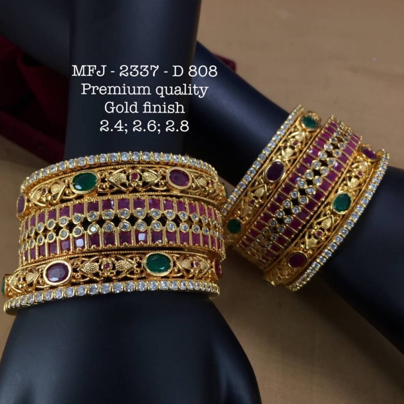 2.4 Size CZ,Ruby&Emerald Stoned Two Layer Peacock Design Gold Finish Set Bangles Buy Online