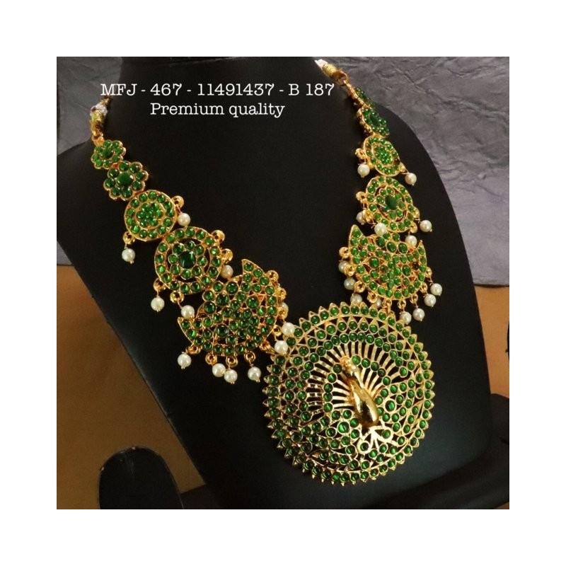 Green Stones With Pearls Peacock Design Necklace For Bharatanatyam Dance And Temple Buy Online