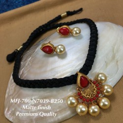 Red Pavalam Stones,With Pearls,Black Tread,Thilagam&Square Moon,Stud ...