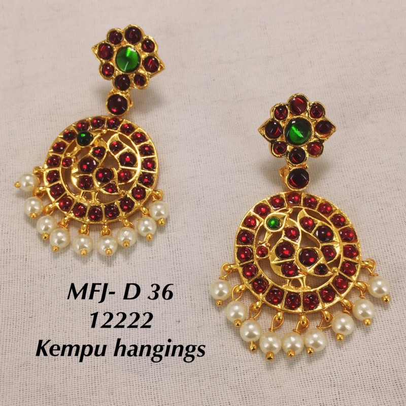 Kemp Red,Green Stones With Pearls,Peacock Hanging Type Earrings Design ...