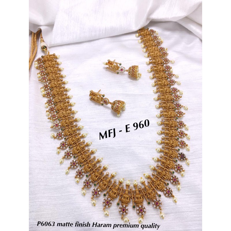 Matt Finish Premium Quality AD Multi Stone Flower & Goddess Lakshmi Design  With Pearls Hanging Haram Set By Online