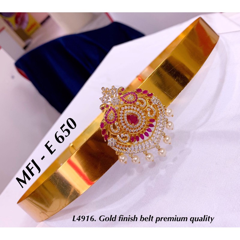 Gold Finish Premium Quality CZ&Ruby Stones Double Peacock,Flower Design Hip  Belt Set By online