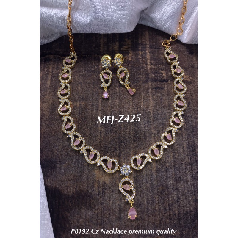 CZ Pink Stones,Peacock Design,Earrings Gold Finish CZ,Necklace Set By online
