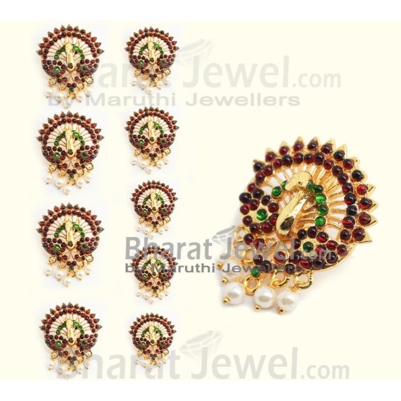 9 Pc Peacock design Kemp Stones Billai Braid Hair Temple Ornament -Temple  Jewellery -Dance Jewellery Online