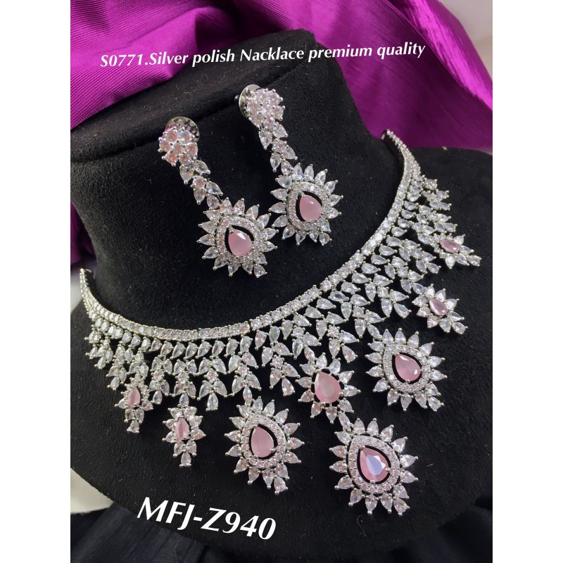 Pink,White Stones,Thilagam Flower Design Hanging Earrings Silver Polished  Premium Quality Necklace Set By online