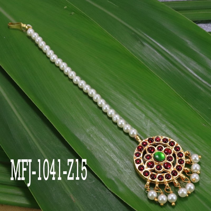 3 Line Pearl Beads Temple Haram - Kempu Stones Pendant - Dance Jewellery Online
