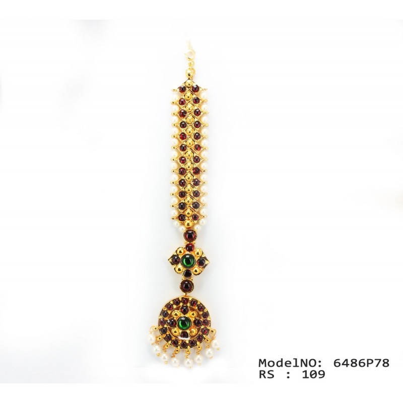 Single Line Pearl Beads Temple Head Set - Kempu Stones Head Set - Dance Jewellery Buy Online