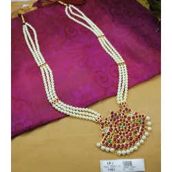 3 Line Pearl Beads Temple Haram - Kempu Stones Pendant - Dance Jewellery Online