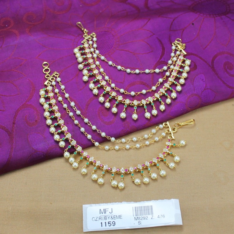 CZ, Ruby & Emerald Stones With Two Lines Pearls Flowers Design Gold Plated Finish Mattel Buy Online