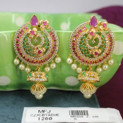 CZ, Ruby & Emerald Stones Peacock, Leaves & Jumki Design With Pearls Gold Plated Finish Earrings Buy Online