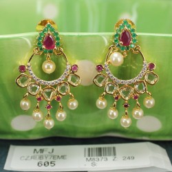 CZ, Ruby & Emerald Stones Flowers Design With Pearls Drops Gold Plated Finish Earrings Buy Online