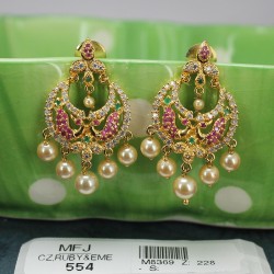 CZ, Ruby & Emerald Stones Thilakam, Flowers & Jumki Design With Pearls Gold Plated Finish Earrings Buy Online