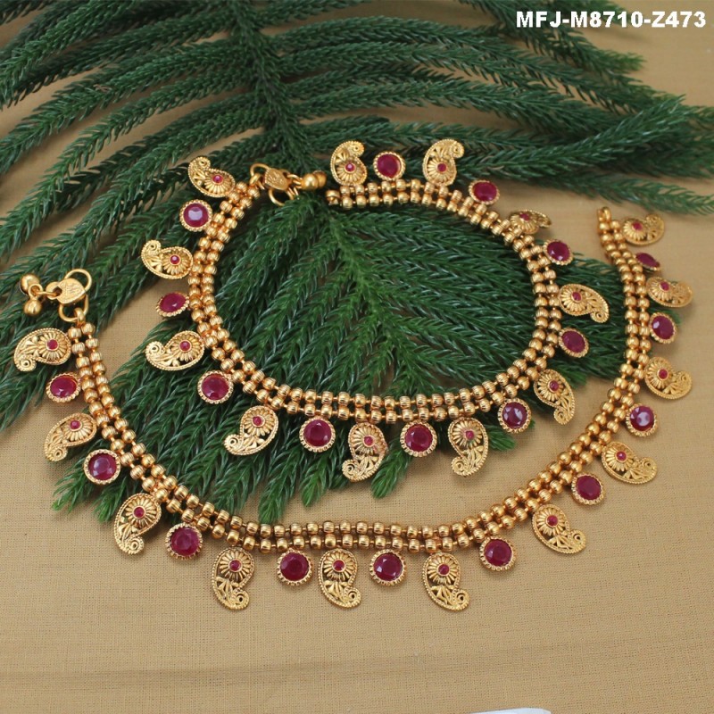 Ruby & Emerald Stones Flowers Design With Pearl Drops Mat Finish Anklet Set Buy Online
