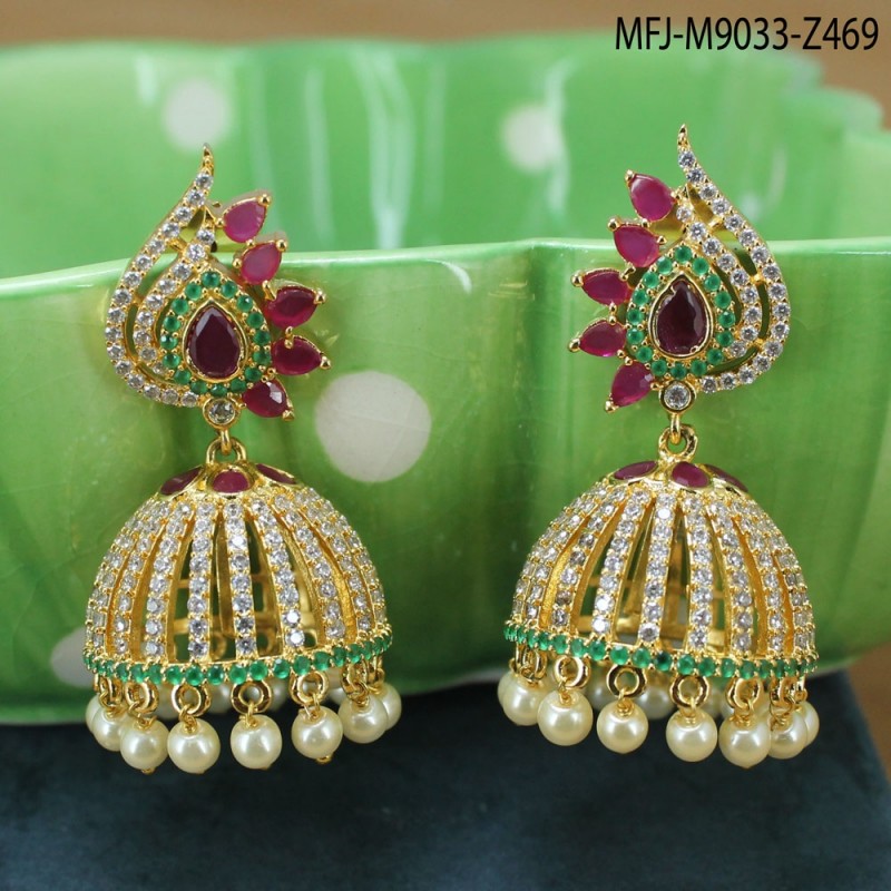 CZ & Ruby Stones Peacock Design With Pearls Drop Gold Plated Finish Jumki Buy Online