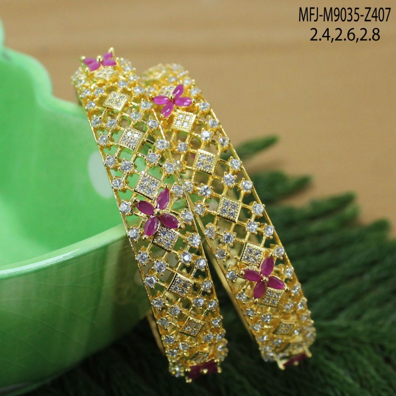 2.4 Size CZ & Ruby Stones Flowers Design Gold Plated Finish Bangles Buy Online