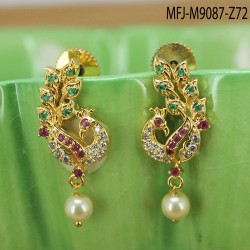 CZ, Ruby & Emerald Stones With Pearls Flowers, Leaves & Thilakam Design Gold Plated Finish Earrings Buy Online