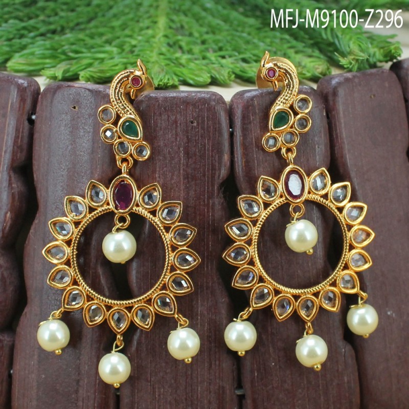 CZ, Ruby & Emerald Stones With Pearl Drop Peacock Design Gold Plated Finish Earrings Buy Online
