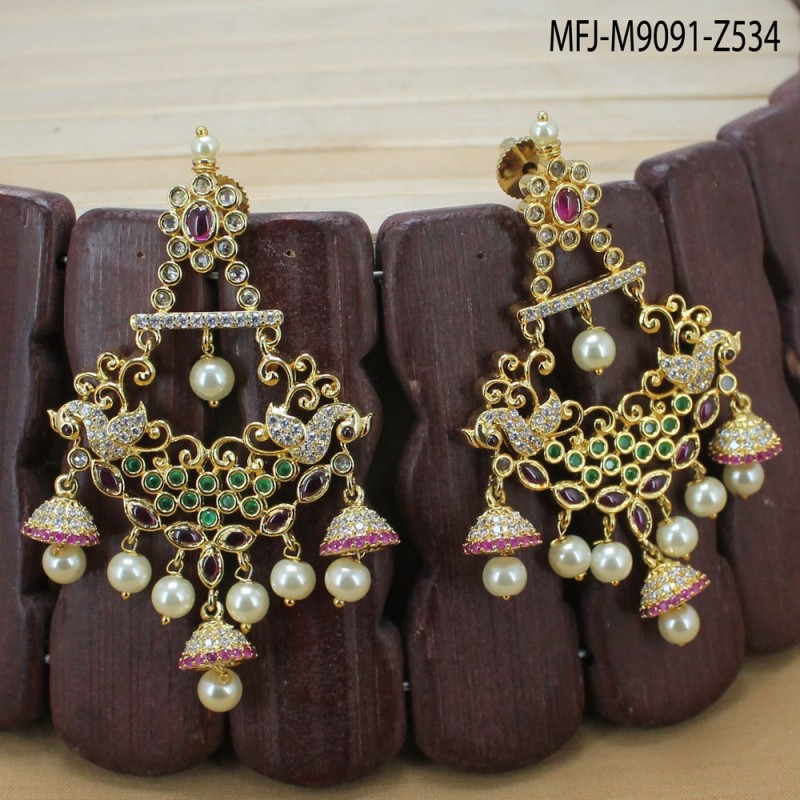 Kempu, CZ & Ruby Stones With Pearls Peacock, Jhumki & Flowers Design Gold Plated Finish Earrings Buy Online