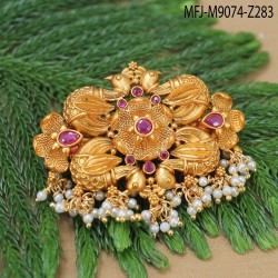 Ruby & Emerald Stones Lakshmi, Peacock & Flowers Design With Pearls Drops Mat Finish Hair Clip Buy Online