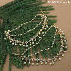 CZ, Ruby & Emerald Stones With Two Lines Pearls Flowers Design Gold Plated Finish Mattel Buy Online