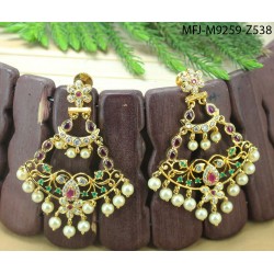 CZ, Ruby & Emerald Stones Flowers, Peacock & Leaves Design With Pearls Drops Mat Finish Earrings Buy Online