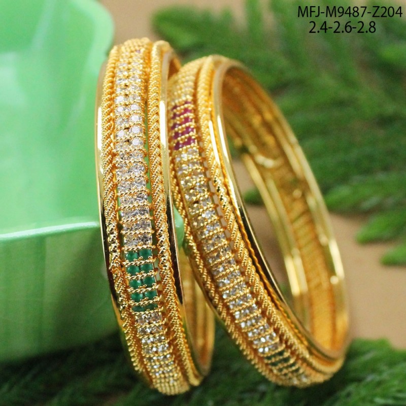 2.4 Size CZ & Ruby Stones Flowers Design Gold Plated Finish Bangles Buy Online
