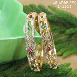 2.4 Size CZ, Ruby & Emerald Stones Two Lines Design Gold Plated Finish Two Set Bangles Buy Online
