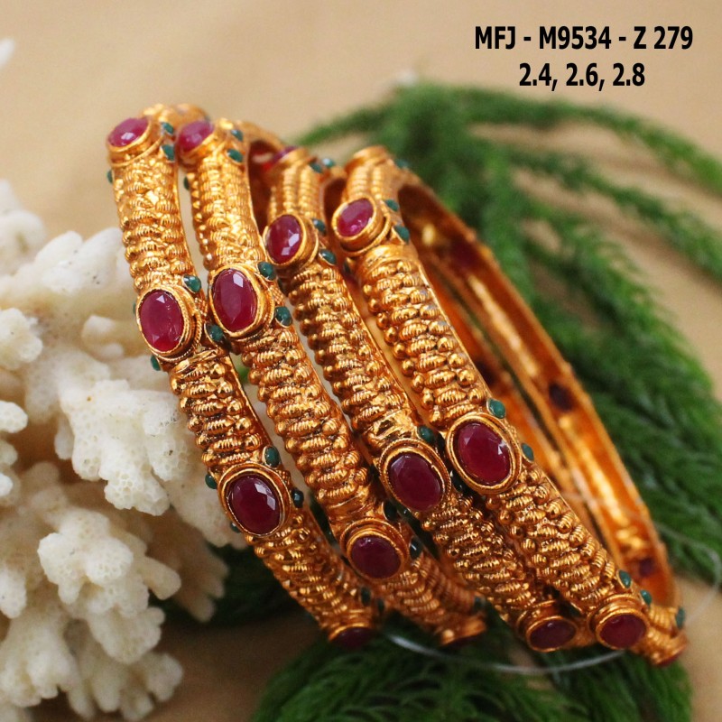 2.4 Size Ruby Stones Flowers Design Mat Finish Two Set Bangles Buy Online