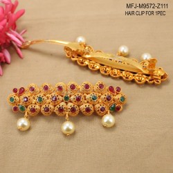 Ruby & Emerald Stones Mangoes & Flower Design With Pearls Drops Mat Finish Hair Clip Buy Online