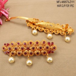 Ruby & Emerald Stones Leaves & Flowers Design With Pearls Drops Mat Finish Hair Clip Buy Online
