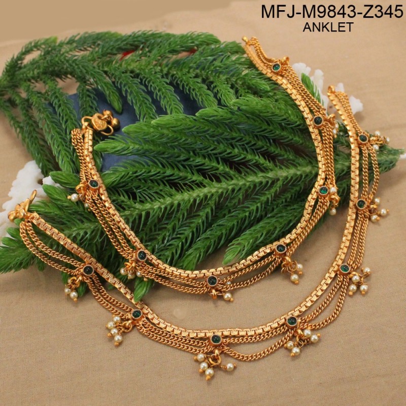 Ruby & Emerald Stones With Pearls Drops Three Lines Designer Mat Finish Anklet Set Buy Online
