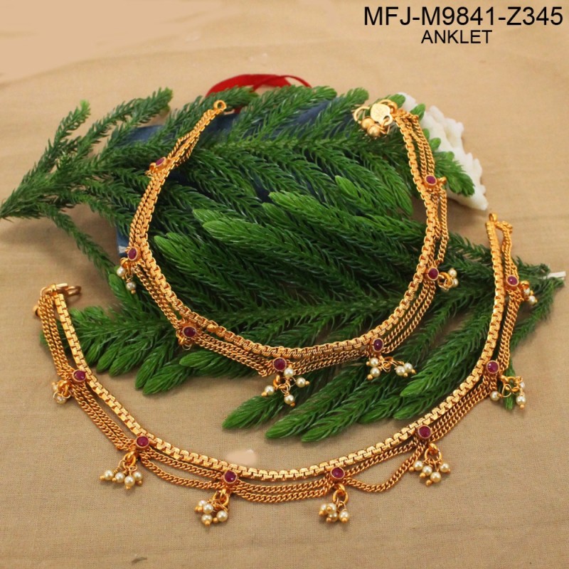 Kempu Stones With Pearls Drops Three Lines Designer Mat Finish Anklet Set Buy Online